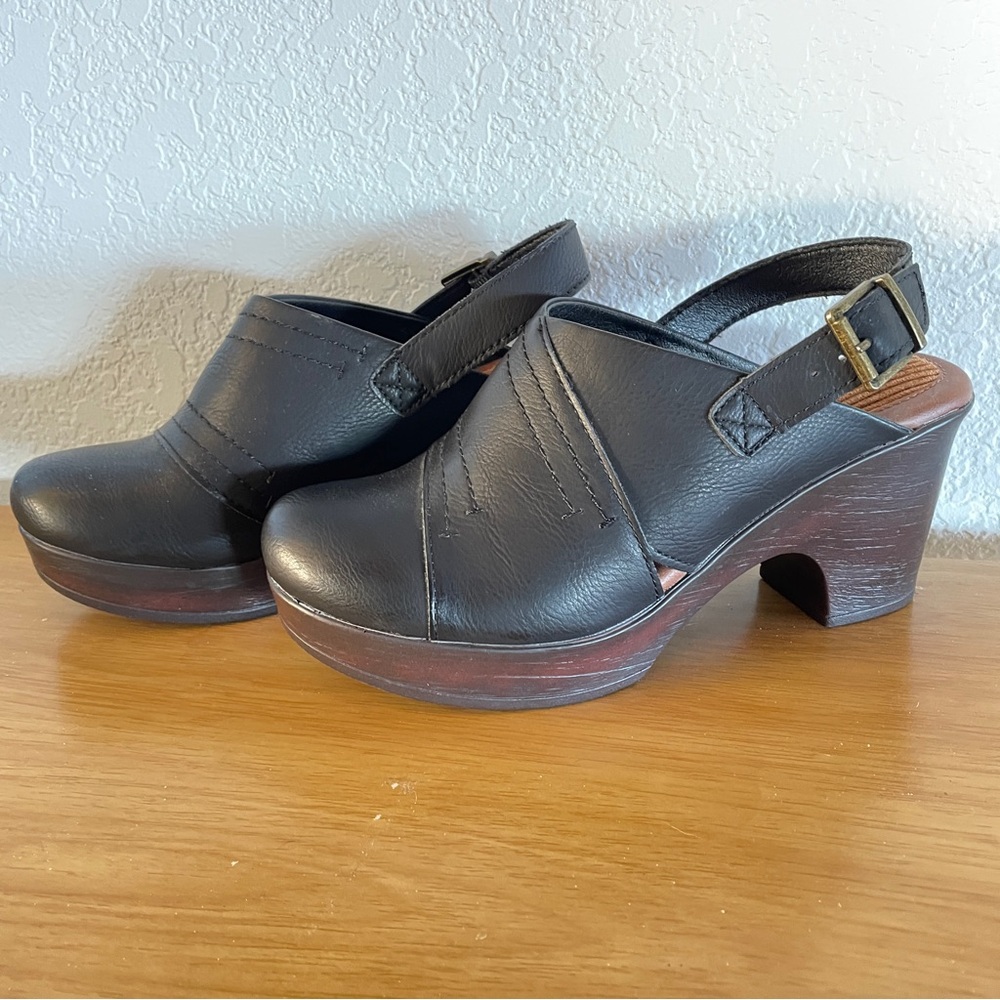 boc Black Leather Mules with Chunky Heel